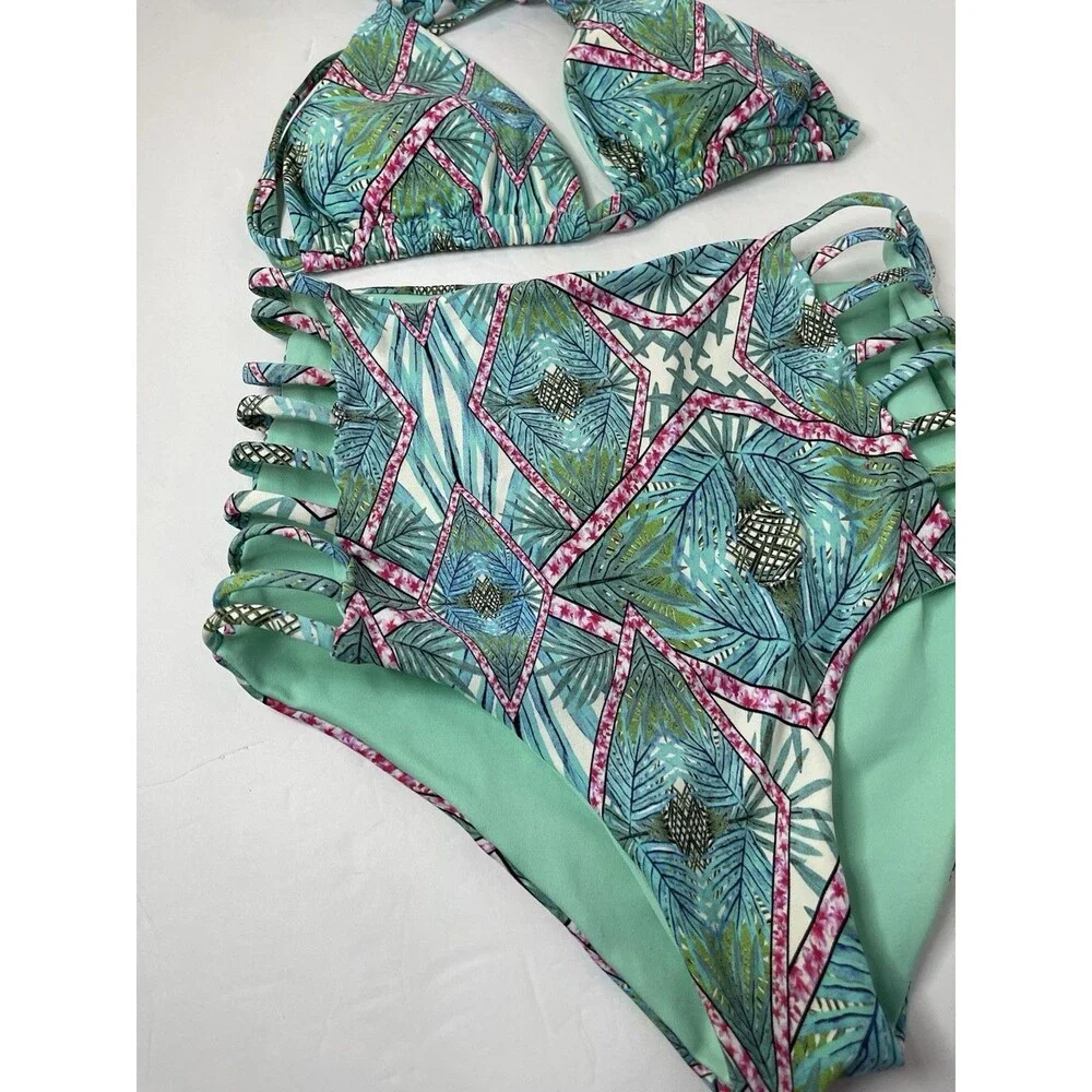 Malai Women's Medium Teal Triangle Halter High Waist Two Piece Swimsuit